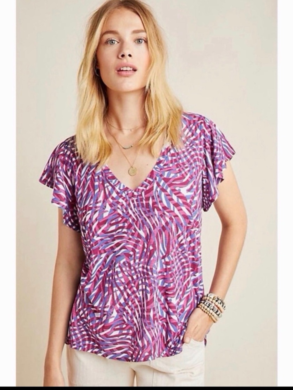 Anthropologie Flutter Sleeve V-Neck Printed Top in Purple size L